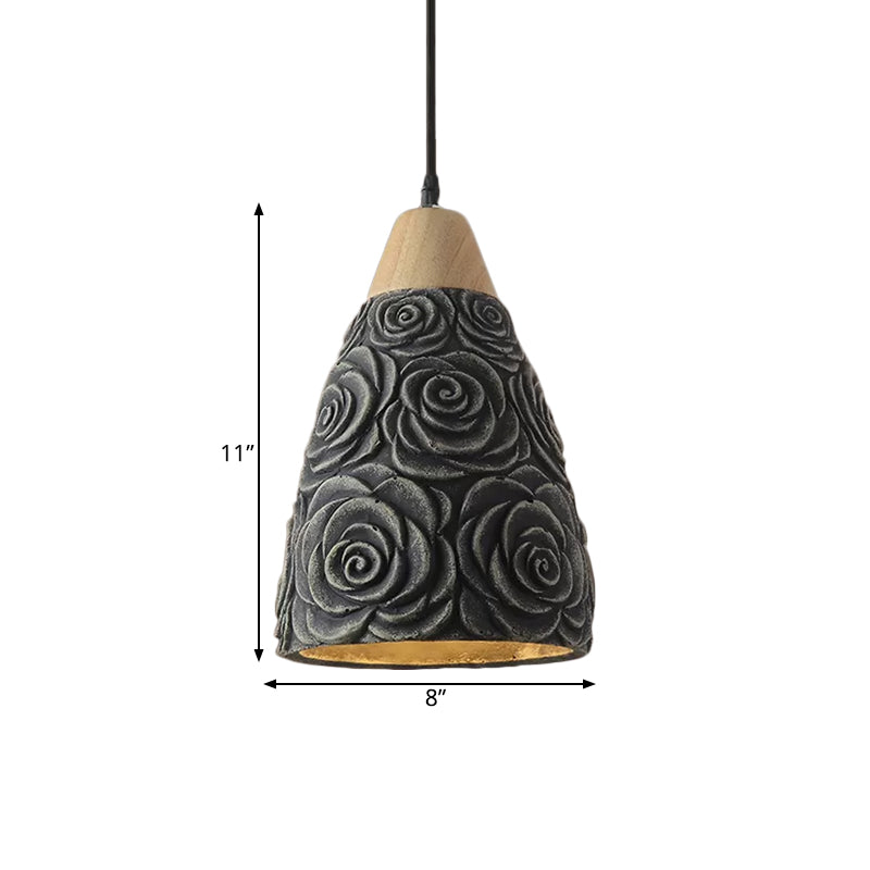 Cement Hanging Pendant Ceiling Light with Industrial Cone and Rose Pattern in Black