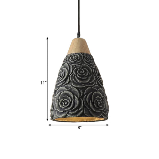 Industrial Cement Pendant Ceiling Light With Rose Pattern - Black Hanging Lamp Fixture