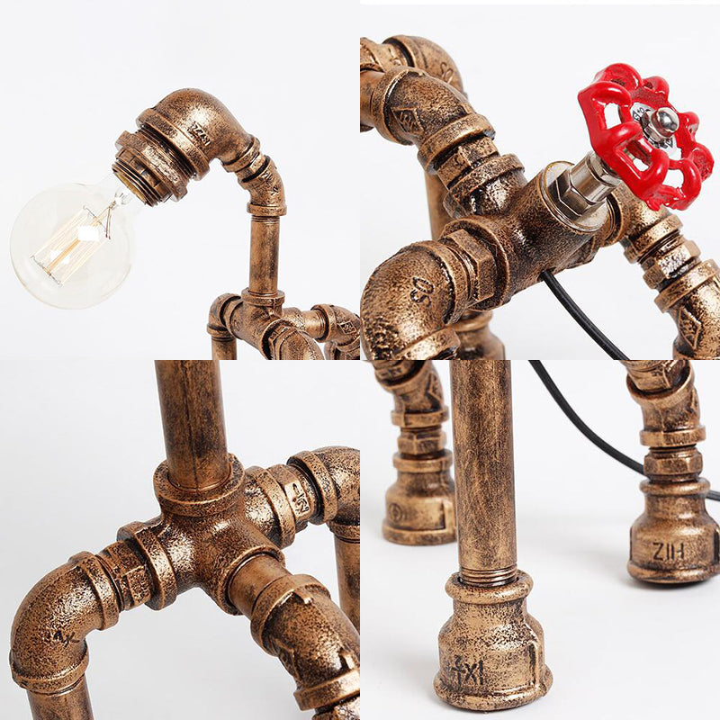 Industrial Black/Bronze Wrought Iron Dog Table Lamp - 1-Light Water Pipe Design For Restaurants