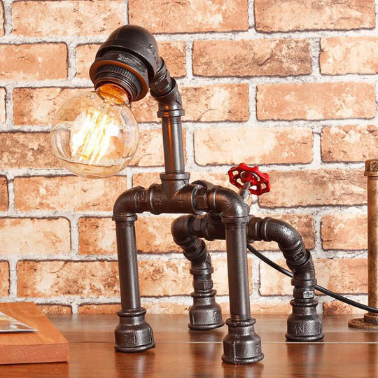 Industrial Black/Bronze Wrought Iron Dog Table Lamp - 1-Light Water Pipe Design For Restaurants