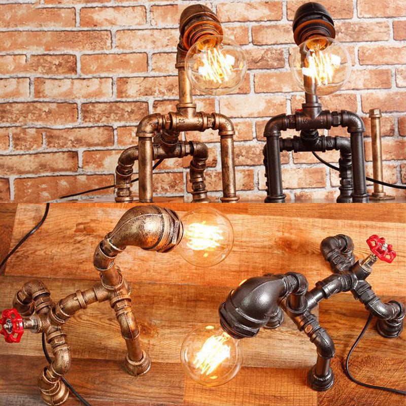 Industrial Black/Bronze Wrought Iron Dog Table Lamp - 1-Light Water Pipe Design For Restaurants