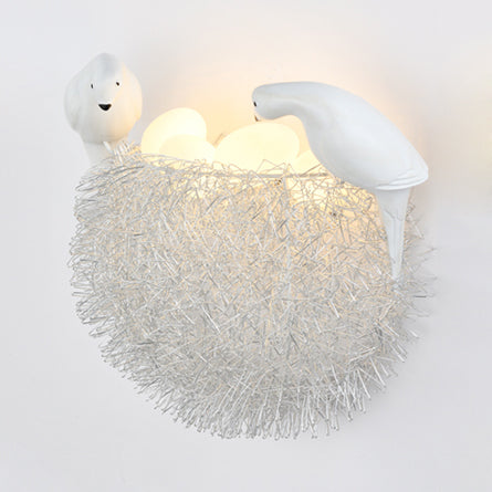 Animal Bird Nest Sconce Light With Pigeon & Egg Aluminum Wall Lamp In White For Kid Bedroom / Warm