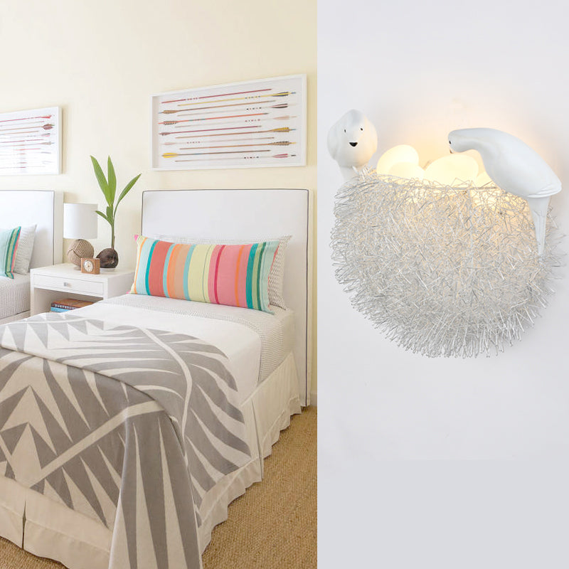 Animal Bird Nest Sconce Light With Pigeon & Egg Aluminum Wall Lamp In White For Kid Bedroom