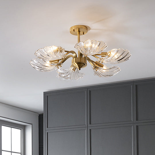 Modern 6-Bulb Shell Glass Ceiling Light in Brass for Bedroom