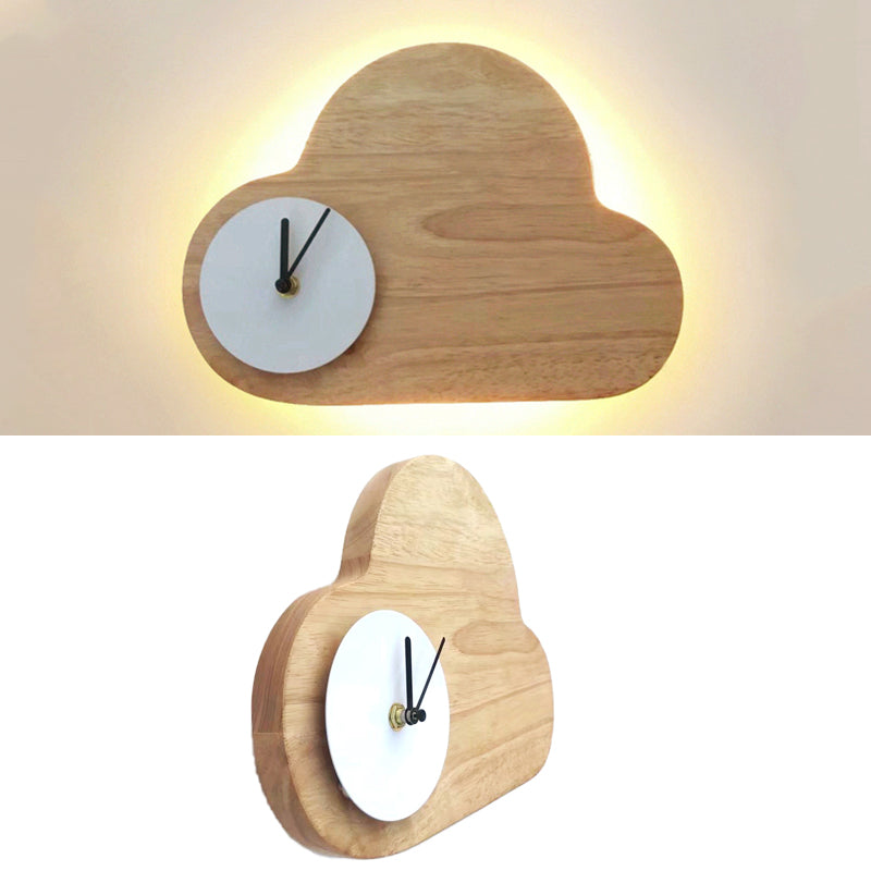 Beige Cloud Cartoon Wall Lamp With Clock For Boys And Girls Bedroom Lighting