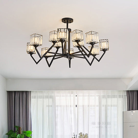 Modern Black Crystal Block Semi Flushmount Ceiling Lamp - 12 Lights V-Like Arm for Living Room