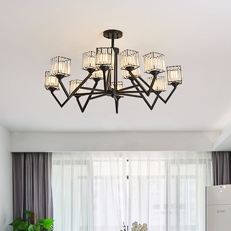 Modern Black Crystal Block Semi Flushmount Ceiling Lamp - 12 Lights V-Like Arm For Living Room