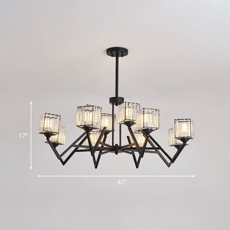 Modern Black Crystal Block Semi Flushmount Ceiling Lamp - 12 Lights V-Like Arm for Living Room