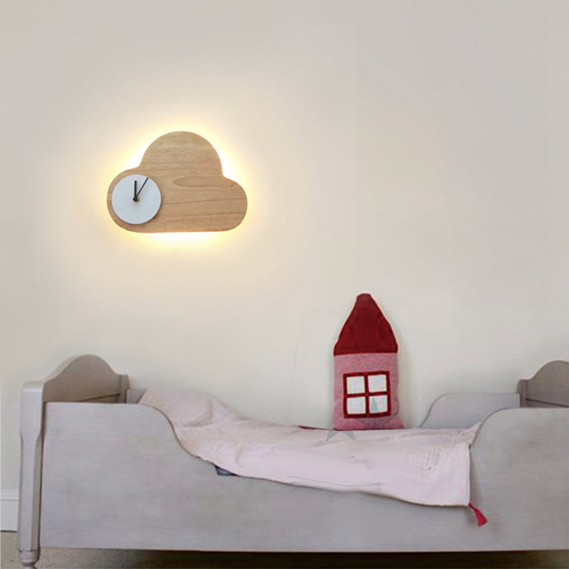 Beige Cloud Cartoon Wall Lamp With Clock For Boys And Girls Bedroom Lighting