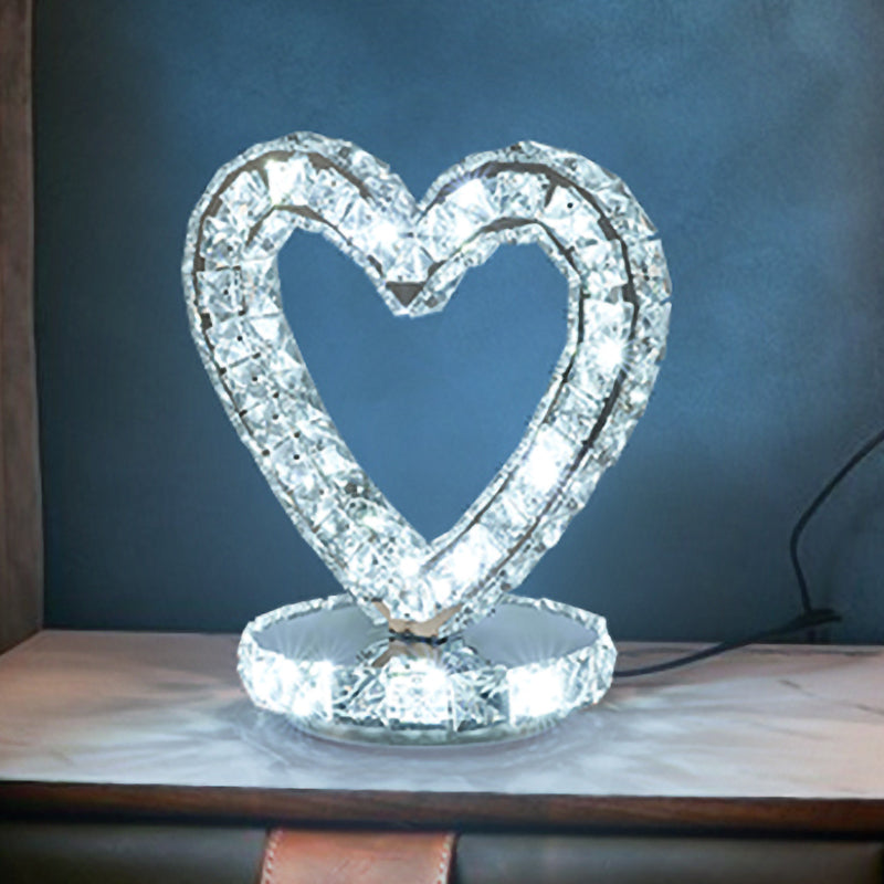 Metal Chrome Finish Night Table Light With Led Modernism Heart/Round Design & Crystal Accent -