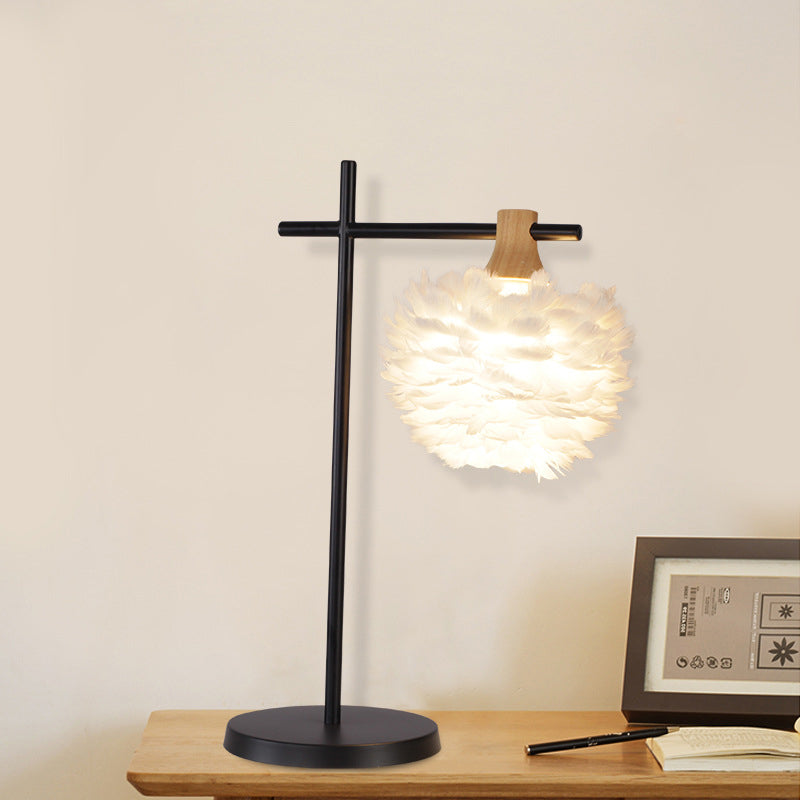 Modern Black-White Cross Night Light Table Lamp With Feather Lampshade