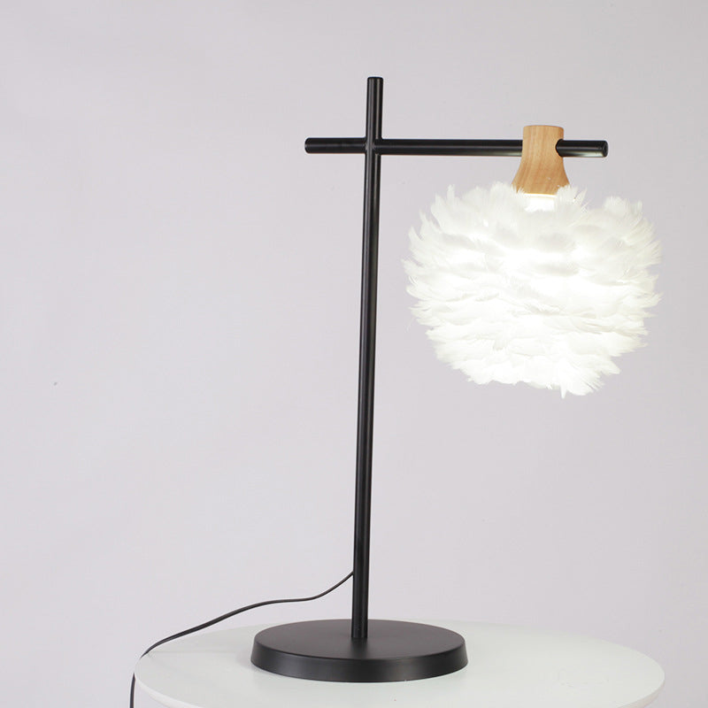 Modern Black-White Cross Night Light Table Lamp With Feather Lampshade