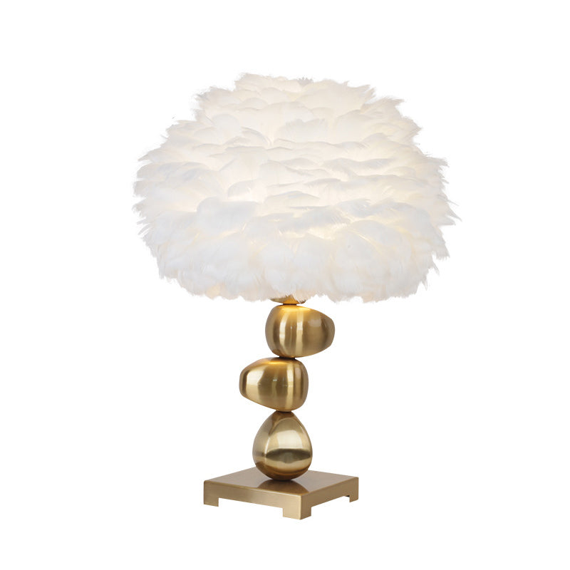 Mid-Century Metal Cobby Table Lamp With Soft White Feather Shade For Bedroom