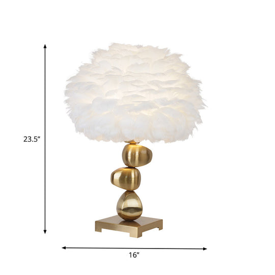 Mid-Century Metal Cobby Table Lamp With Soft White Feather Shade For Bedroom