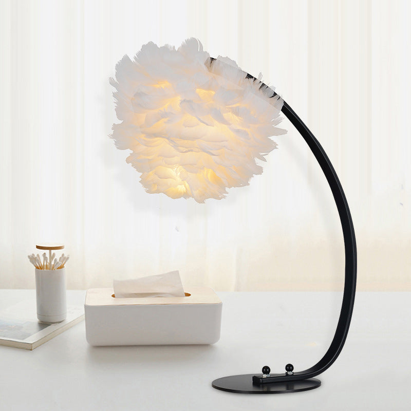 Modern Blossom Feather Night Lamp With Black Arched Arm For Bedside