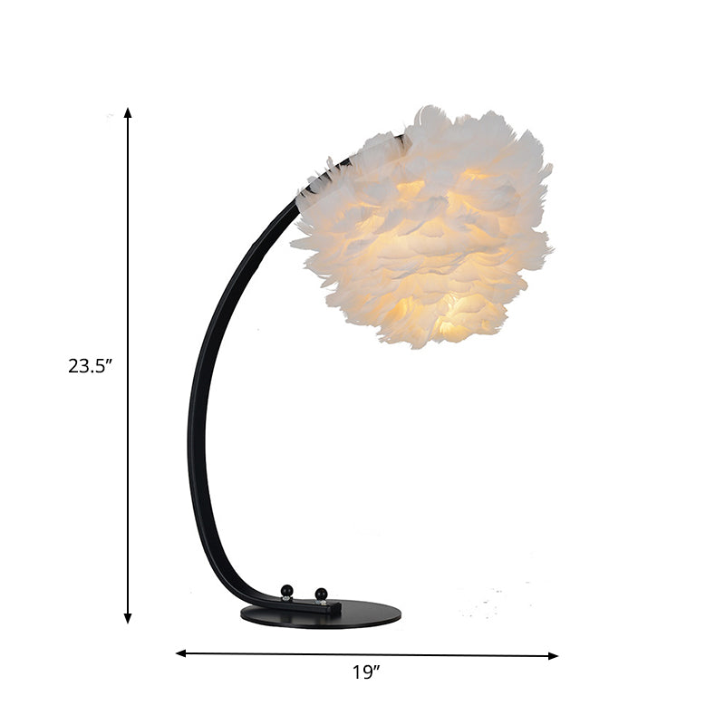 Modern Blossom Feather Night Lamp With Black Arched Arm For Bedside