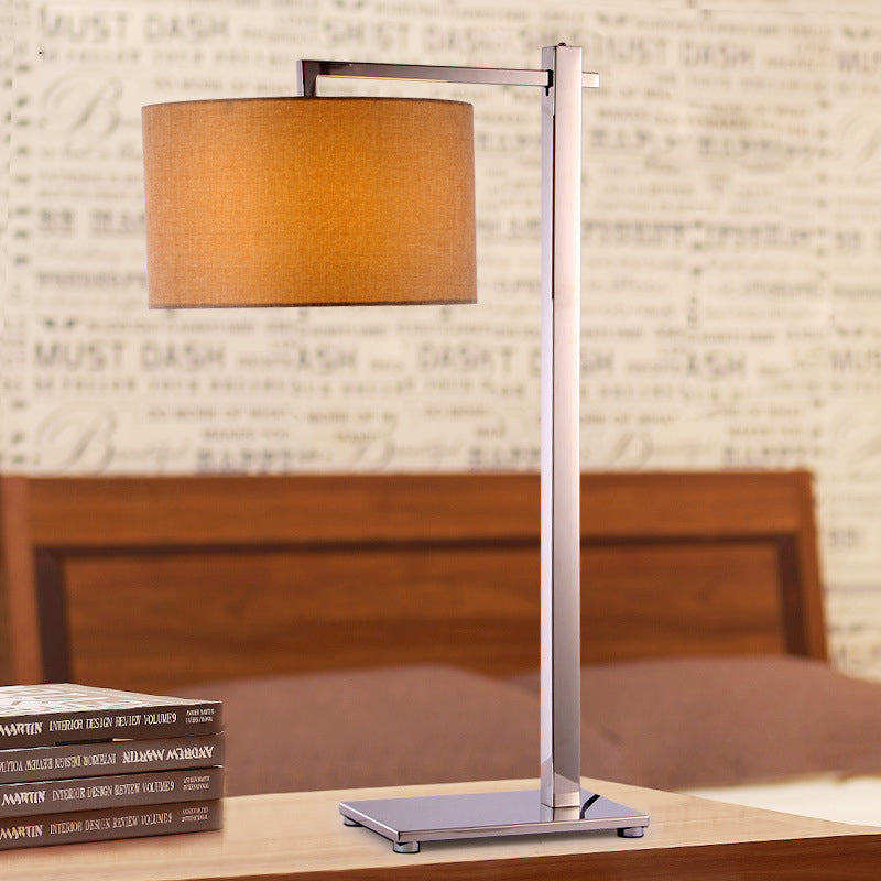 Modern Fabric Short Cylinder Night Lamp With Brown Table Lighting And Tall Steel Stand