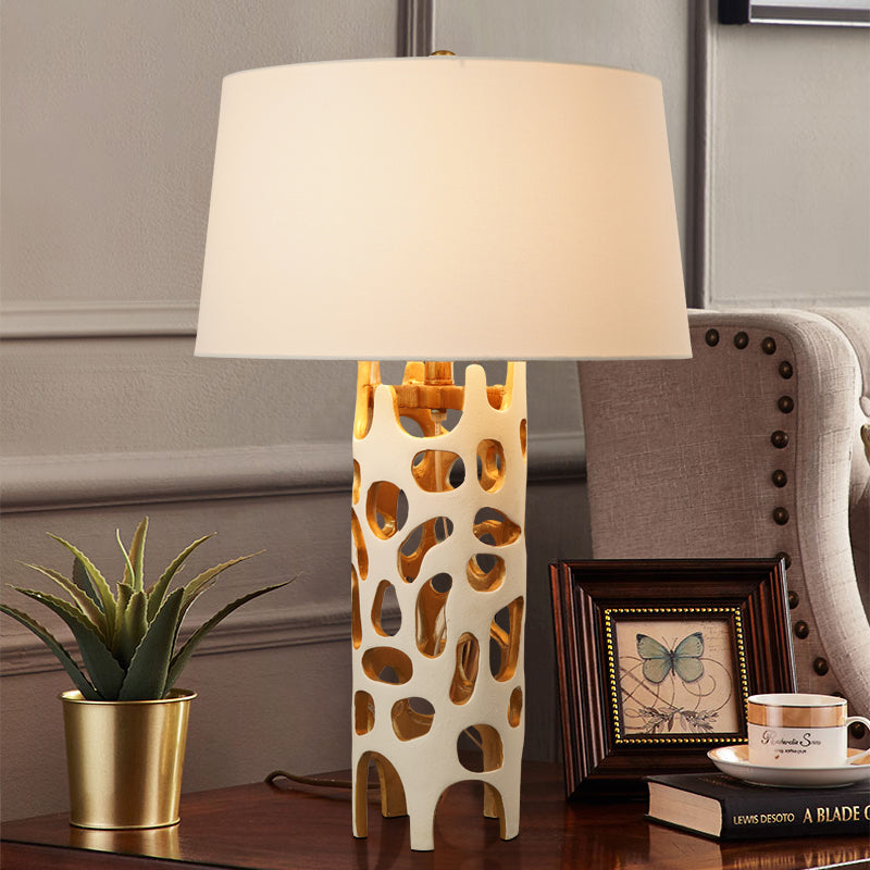 Modern Tapered Drum Fabric Night Lamp - Stylish White Table With Cutouts Resin Base