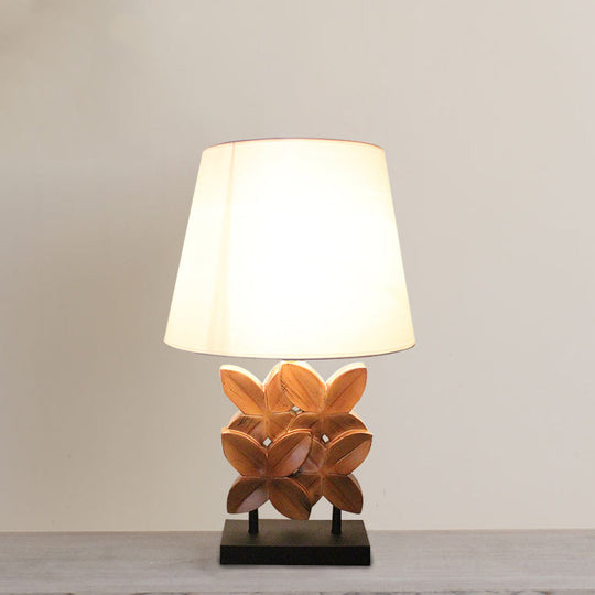 Retro Fabric Table Lamp With Empire Shade And Carved Wood Leaf Base - White Nightstand Lighting 1