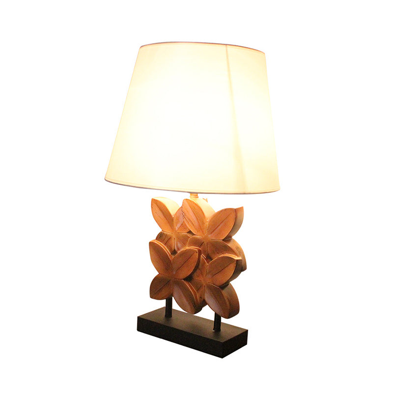 Retro Fabric Table Lamp With Empire Shade And Carved Wood Leaf Base - White Nightstand Lighting 1