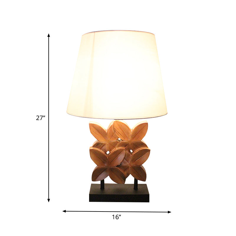 Retro Fabric Table Lamp With Empire Shade And Carved Wood Leaf Base - White Nightstand Lighting 1