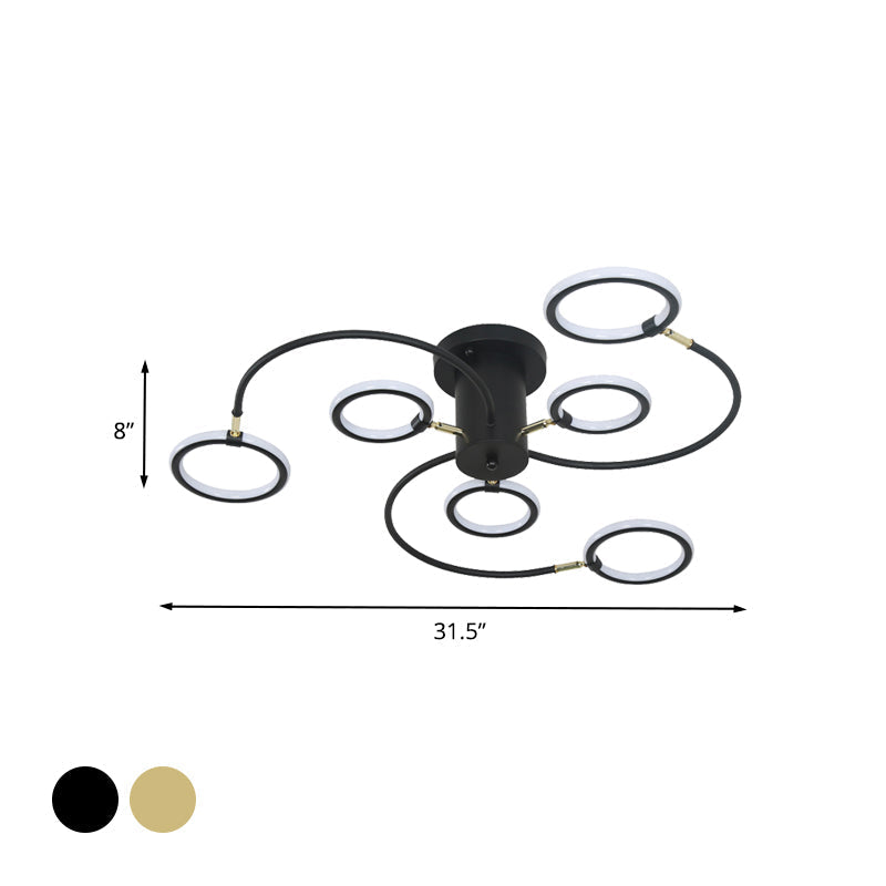 Modern Black/Gold Swirl Semi Flush Mount LED Ceiling Fixture with Rings - Bedroom Lighting