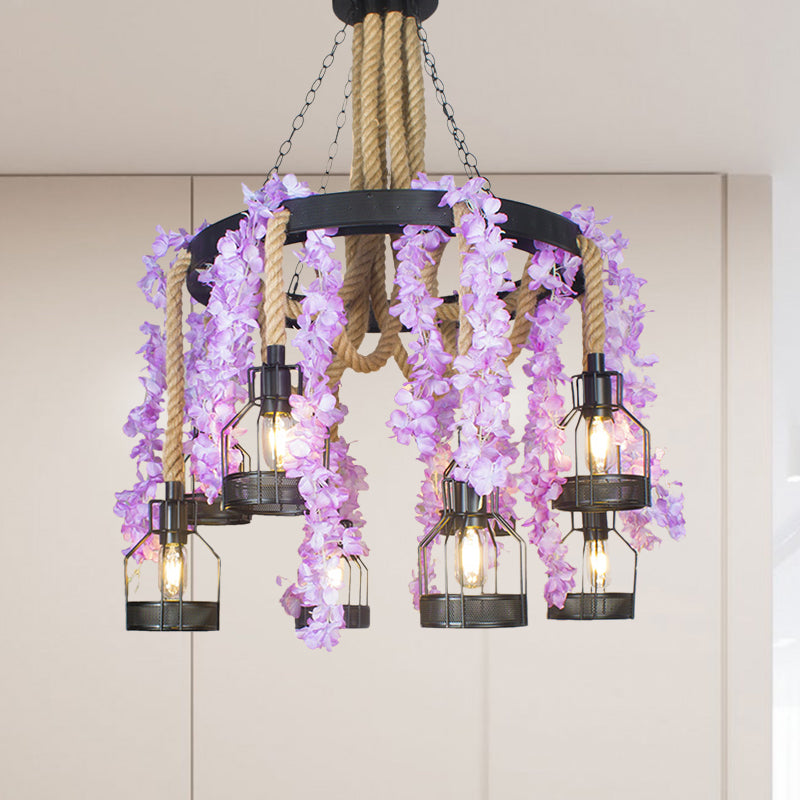 Vintage Hemp Rope Chandelier With 8 Flower Heads In Purple/Green - Perfect For Restaurant Down