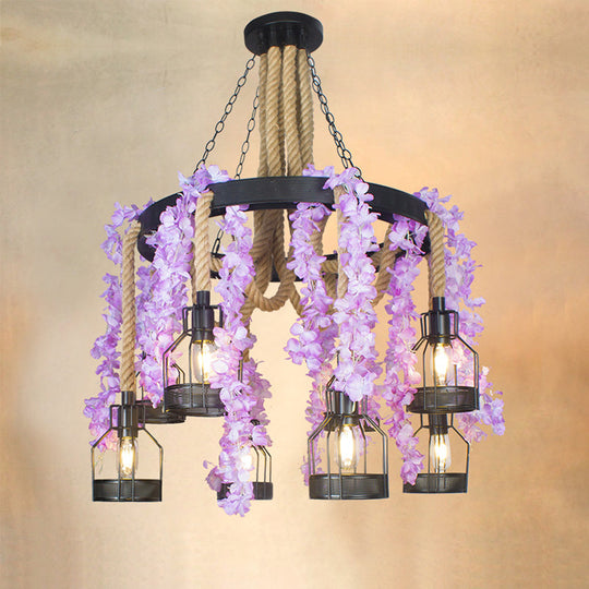 Vintage Hemp Rope Chandelier With 8 Flower Heads In Purple/Green - Perfect For Restaurant Down