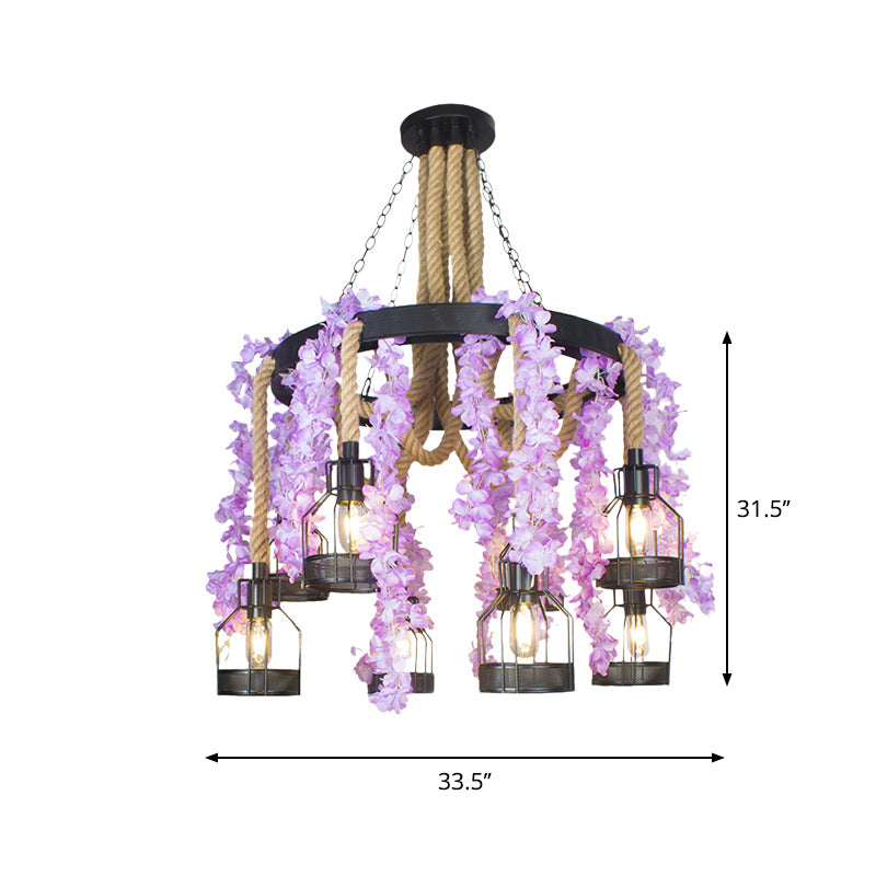 Vintage Hemp Rope Chandelier With 8 Flower Heads In Purple/Green - Perfect For Restaurant Down