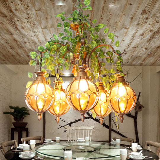 Antique Amber Glass Chandelier with Brass Finish - Perfect for Dining Room Lighting (5/9 Lights)