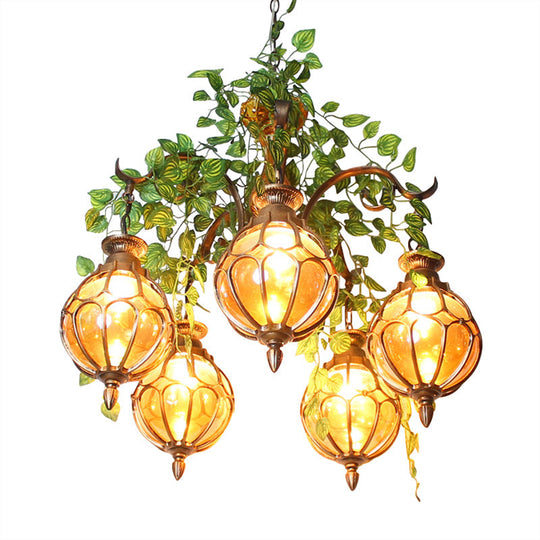 Antique Amber Glass Chandelier with Brass Finish - Perfect for Dining Room Lighting (5/9 Lights)