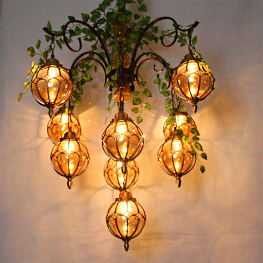 Antique Amber Glass Brass Chandelier - 5/9 Lights Elegant Dining Room Lighting