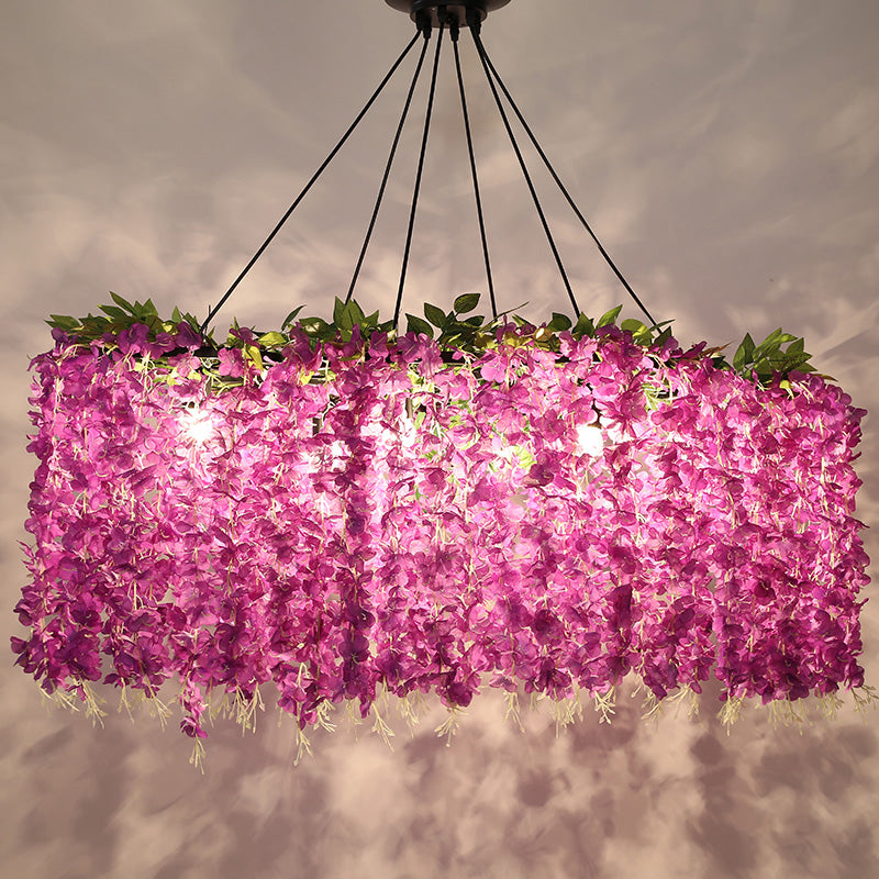 Retro Floral Metal Island Light Fixture 6-Bulb Pendant In Purple For Restaurants