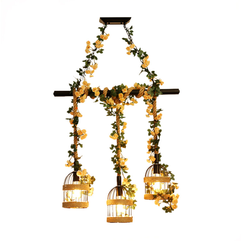 Birdcage Industrial Hemp Rope Suspension Lamp - 3/5-Light Black Ceiling Lighting For Restaurant