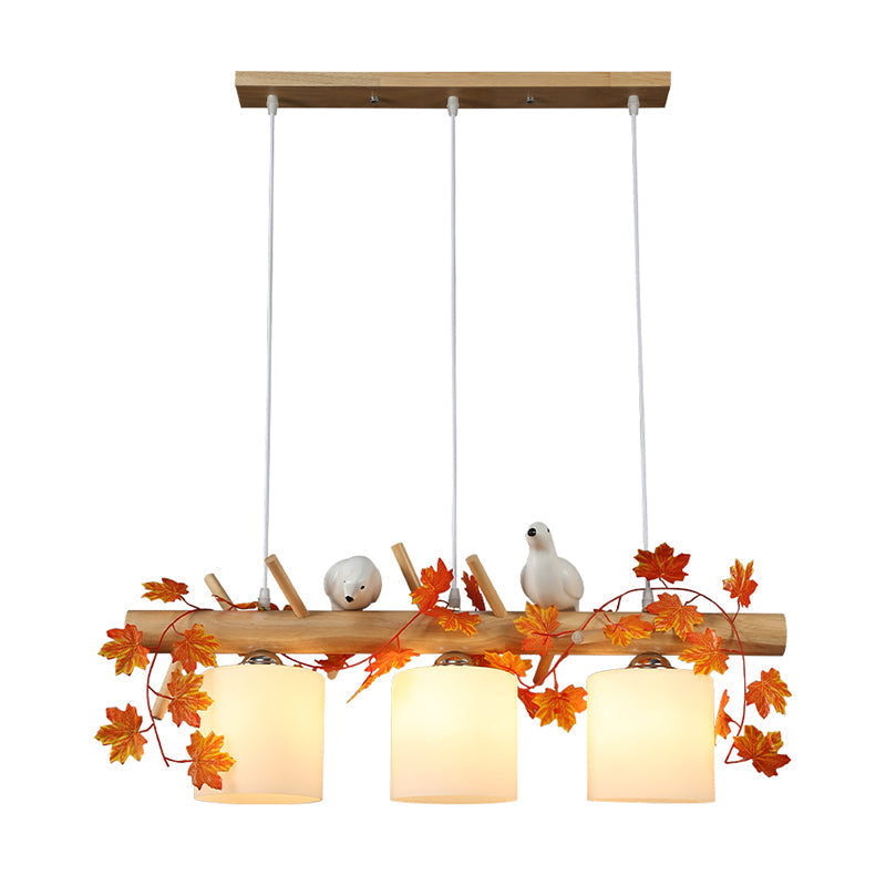 Ivory Glass Wood Island Pendant - Industrial Style With Maple/Green Leaf And Bird Décor 2/3 Bulbs