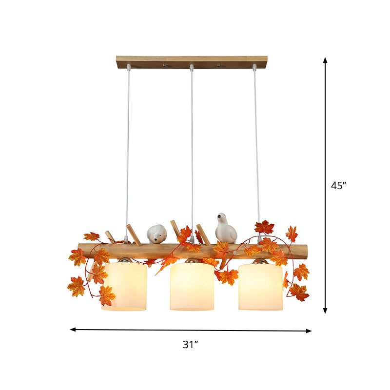 Ivory Glass Wood Island Pendant - Industrial Style With Maple/Green Leaf And Bird Décor 2/3 Bulbs