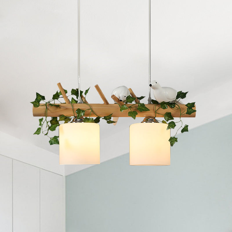 Ivory Glass Wood Island Pendant - Industrial Style With Maple/Green Leaf And Bird Décor 2/3 Bulbs