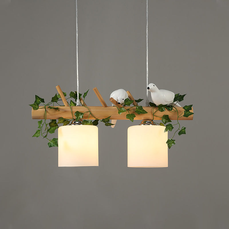 Ivory Glass Wood Island Pendant - Industrial Style With Maple/Green Leaf And Bird Décor 2/3 Bulbs