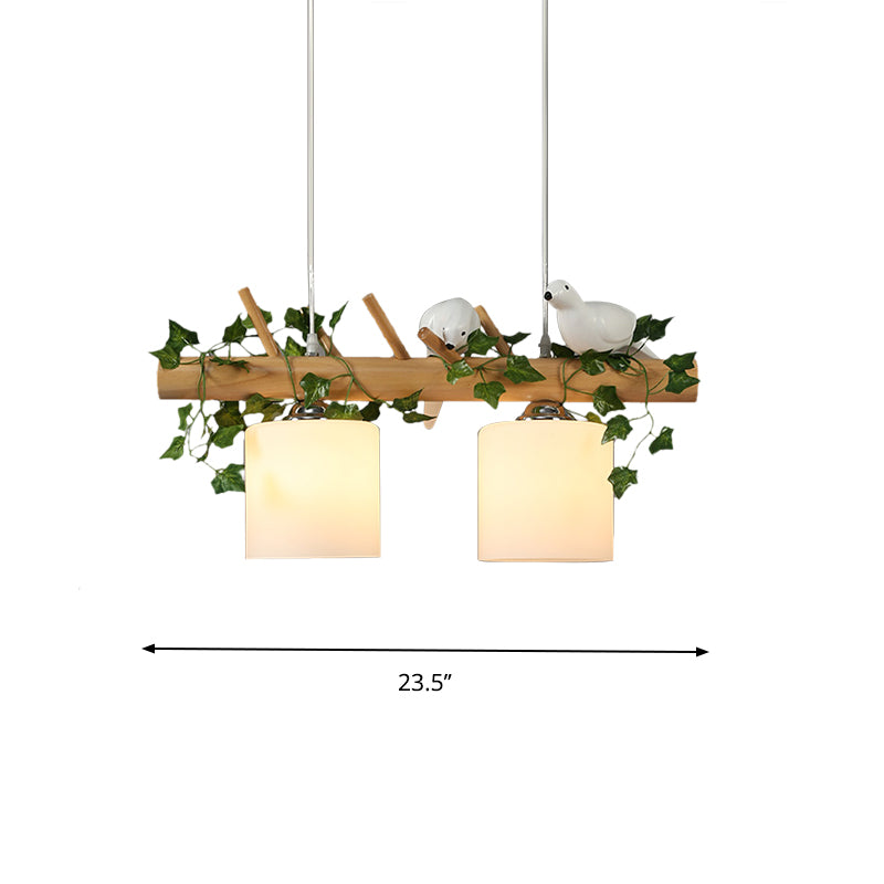 Ivory Glass Wood Island Pendant - Industrial Style With Maple/Green Leaf And Bird Décor 2/3 Bulbs