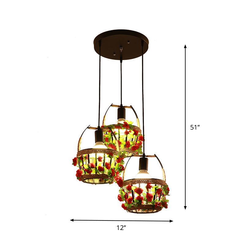 Black Metal Cluster Pendant With 3 Heads - Flower Basket Restaurant Suspension Lighting