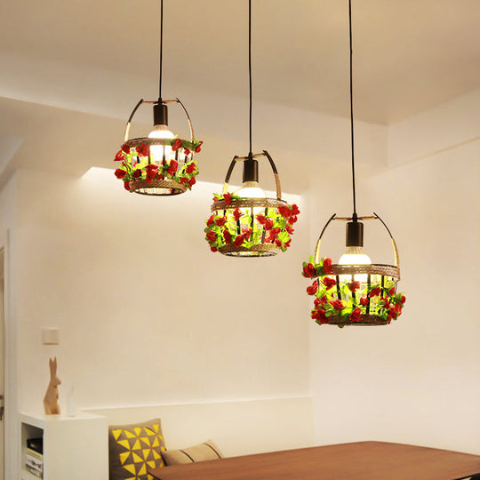 Black Metal Cluster Pendant With 3 Heads - Flower Basket Restaurant Suspension Lighting