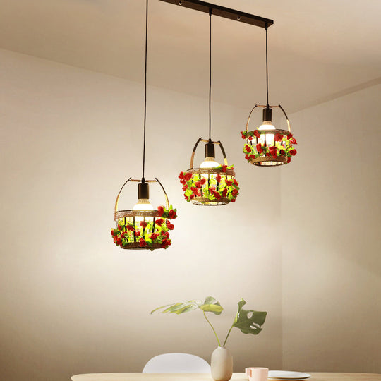 Black Metal Flower Basket Restaurant Pendant with 3 Suspension Lights and Canopy