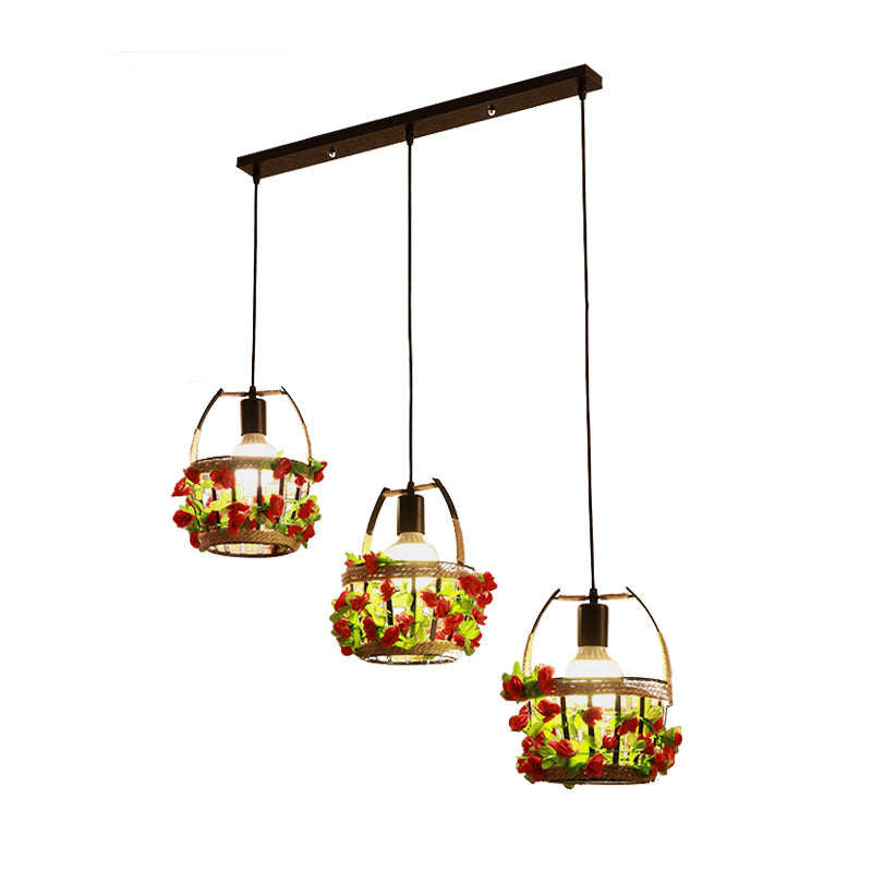 Black Metal Flower Basket Restaurant Pendant with 3 Suspension Lights and Canopy