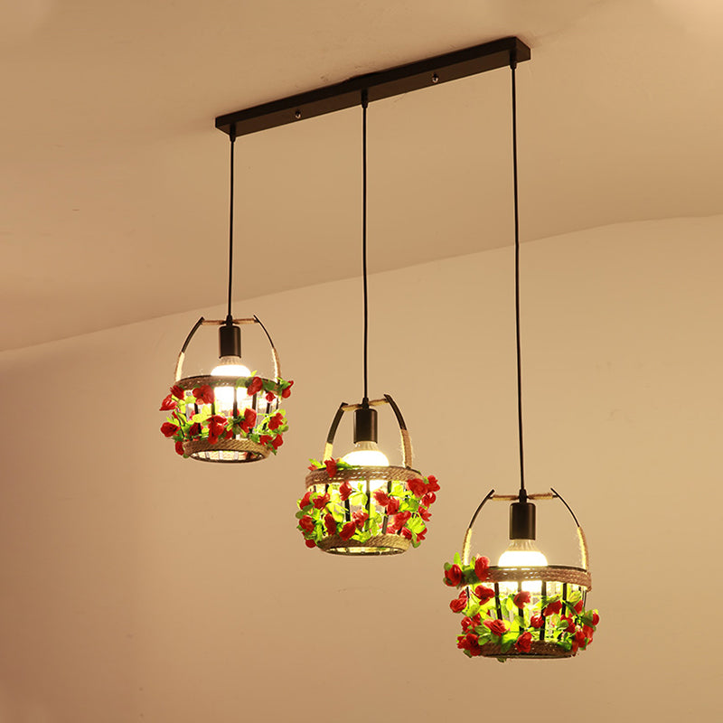 Black Metal Flower Basket Restaurant Pendant with 3 Suspension Lights and Canopy