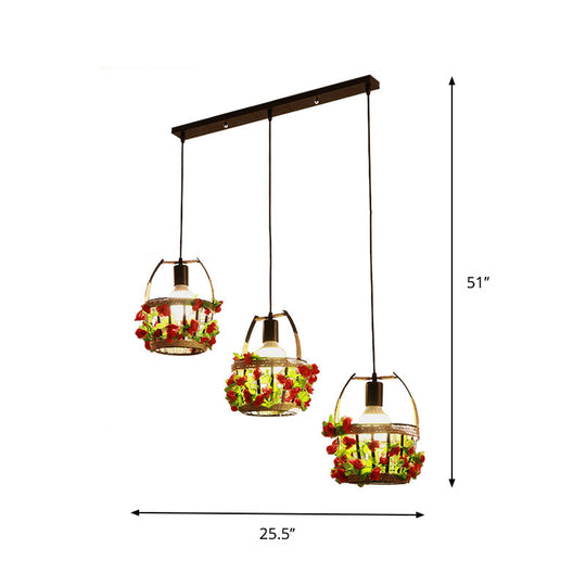 Black Metal Flower Basket Restaurant Pendant with 3 Suspension Lights and Canopy