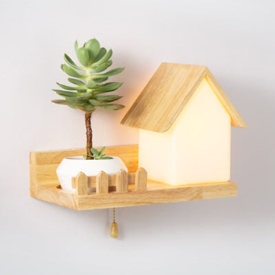 Beige Wooden Sconce Light With Shelf - Small House Wall For Kid Bedroom