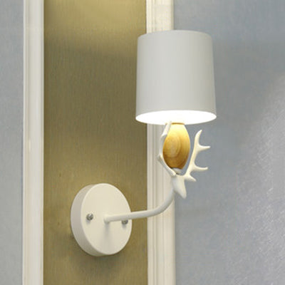 Deer Head Wall Light With Metal Cylinder Shade - Cute Single Sconce For Kids Bedroom White