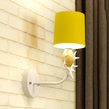 Deer Head Wall Light With Metal Cylinder Shade - Cute Single Sconce For Kids Bedroom Yellow