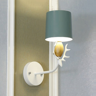 Deer Head Wall Light With Metal Cylinder Shade - Cute Single Sconce For Kids Bedroom Green