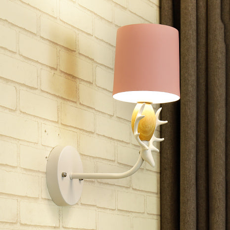 Deer Head Wall Light With Metal Cylinder Shade - Cute Single Sconce For Kids Bedroom Pink